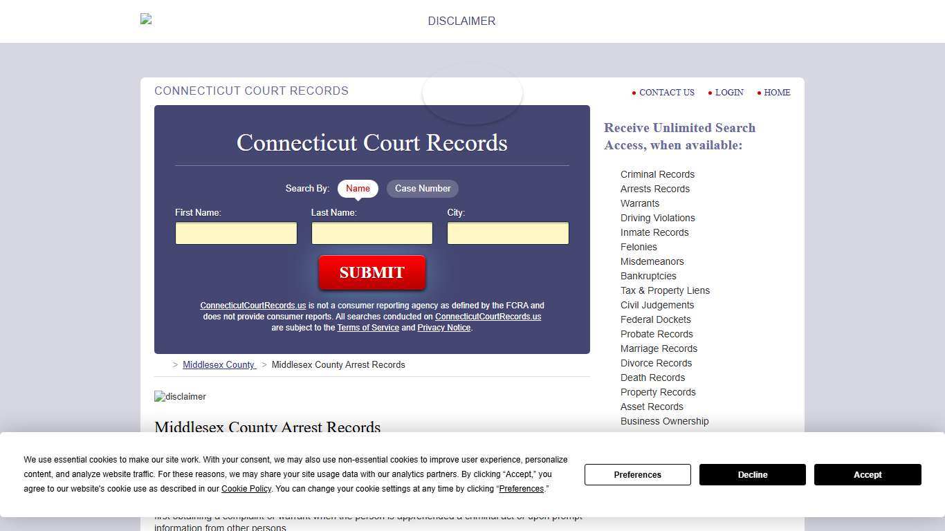 Middlesex County Arrest Records ConnecticutCourtRecords.us