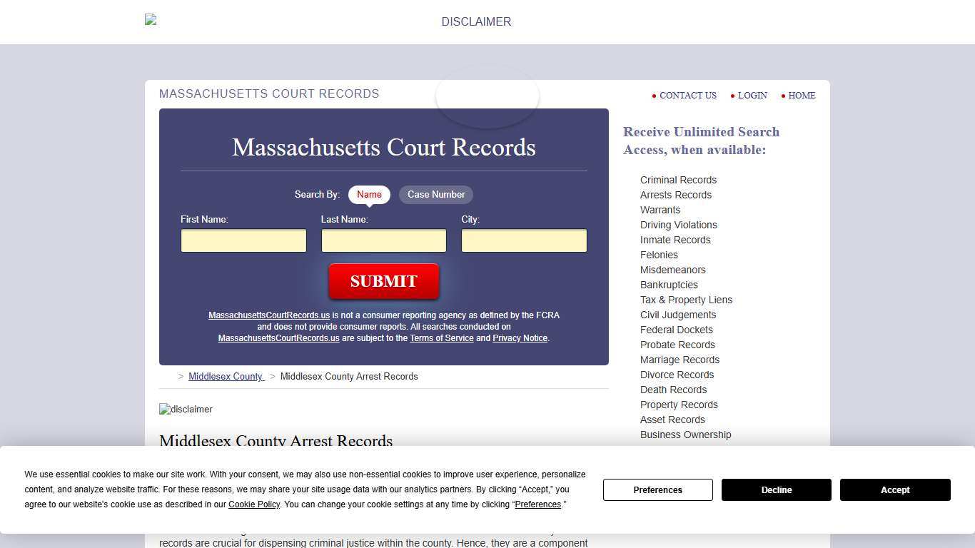 Middlesex County Arrest Records MassachusettsCourtRecords.us